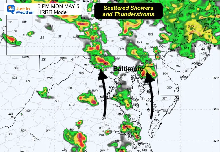 May 5 weather rain radar forecast Monday 6 PM