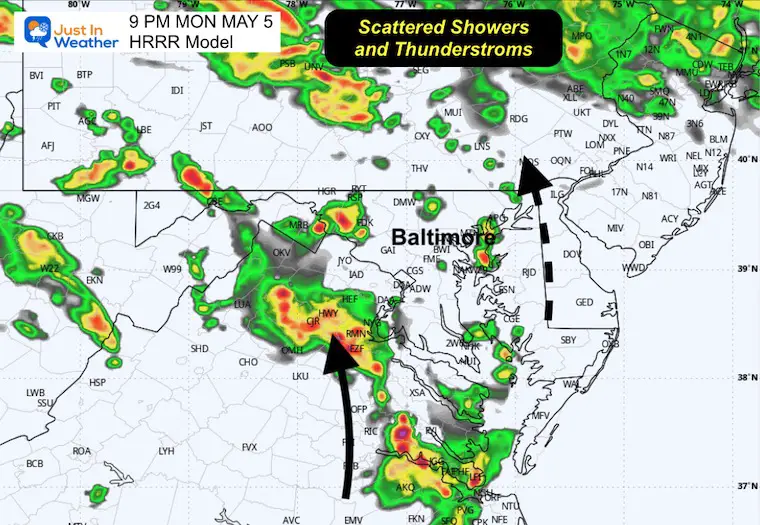May 5 weather rain radar forecast Monday 9 PM