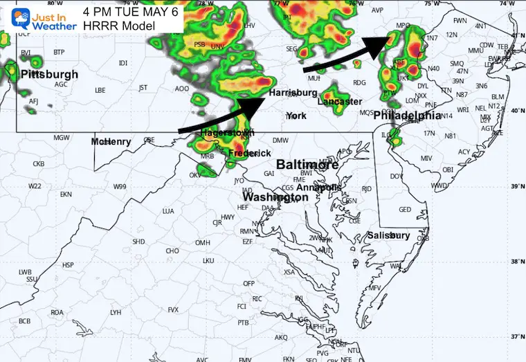May 6 weather storm radar forecast Tuesday 4 PM