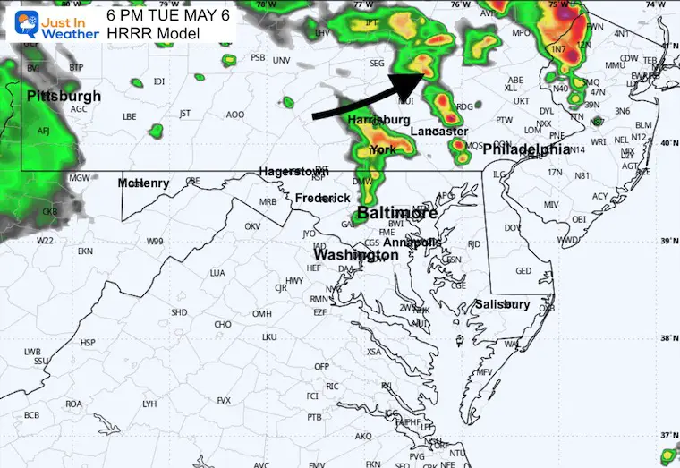 May 6 weather storm radar forecast Tuesday 6 PM
