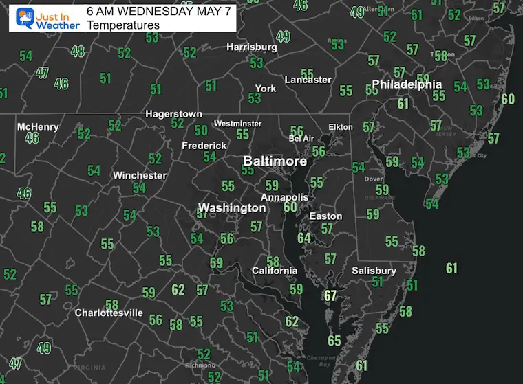 May 7 weather temperatures Wednesday morning