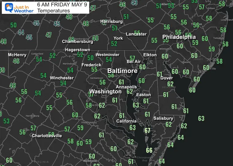 May 9 weather temperatures Friday morning