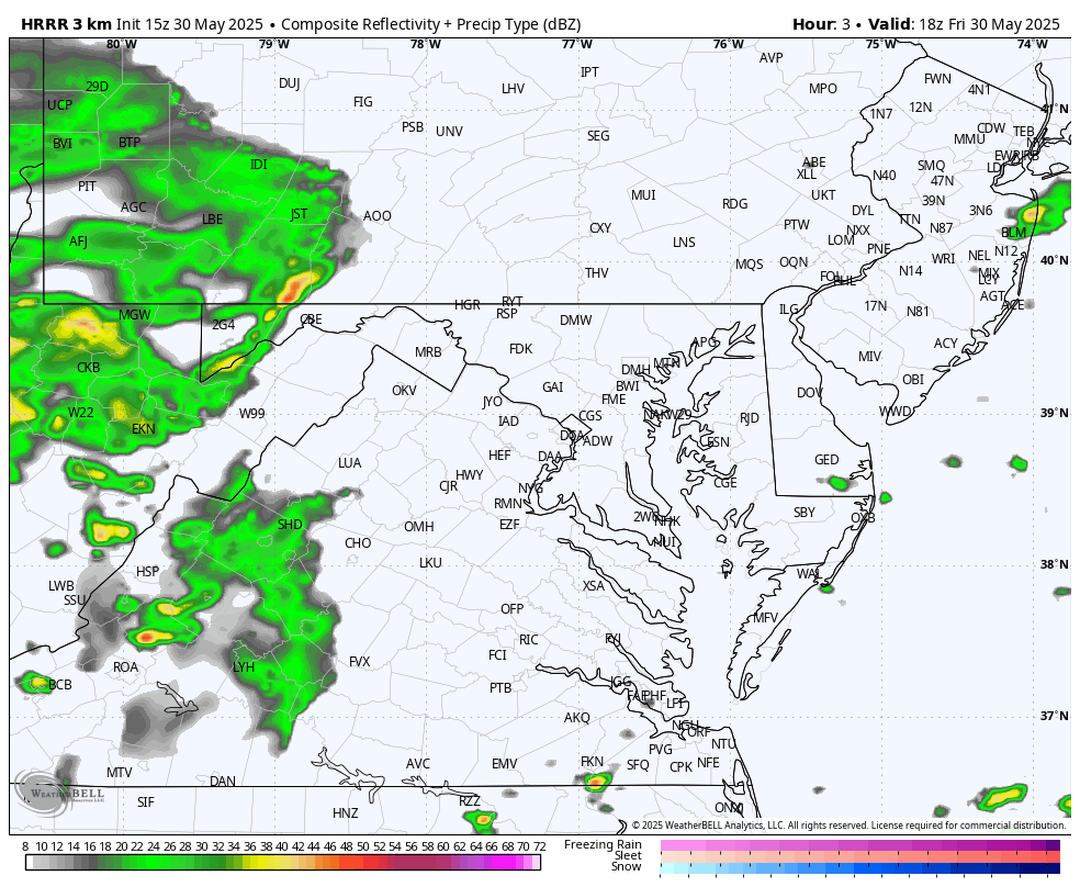 May 30 weather radar simulation forecast Friday HRRR Model