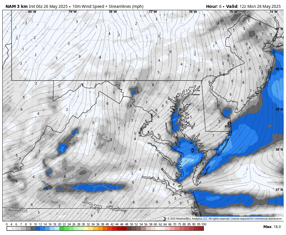 May 26 Memorial Day Monday wind forecast