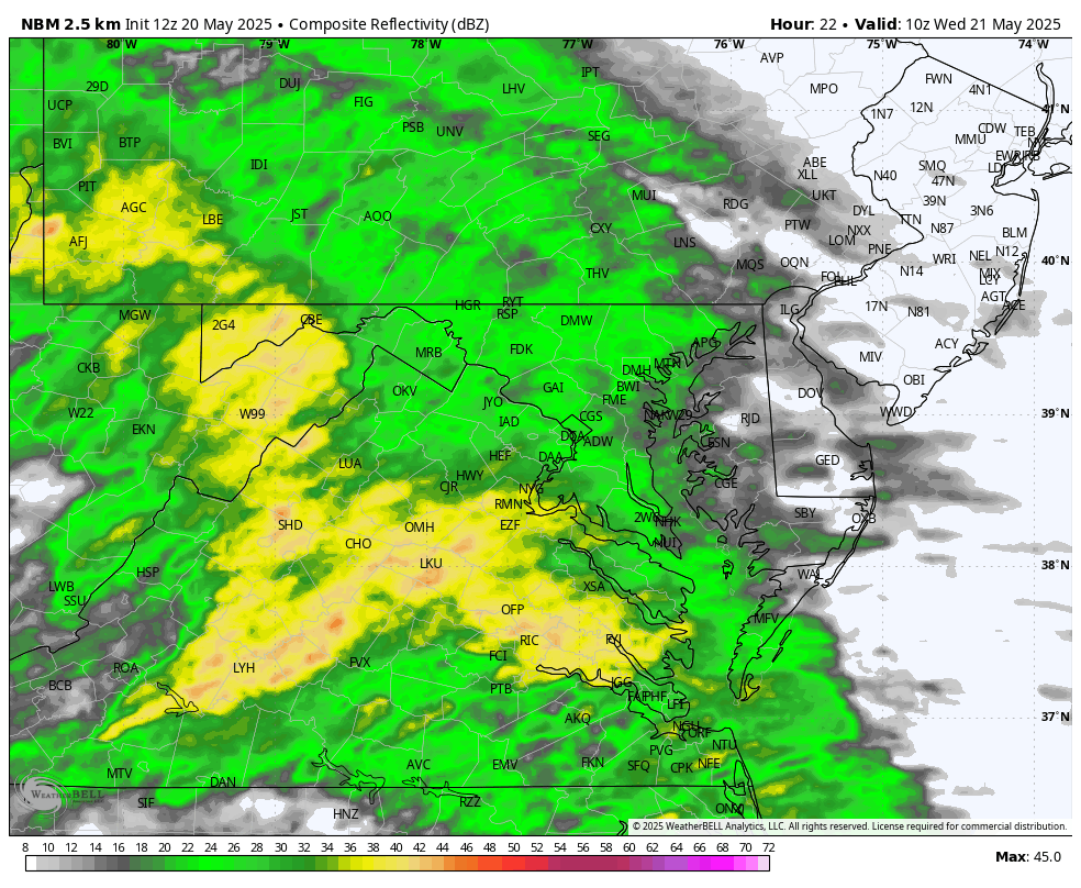 May 20 weather storm radar rain Wednesday NBM