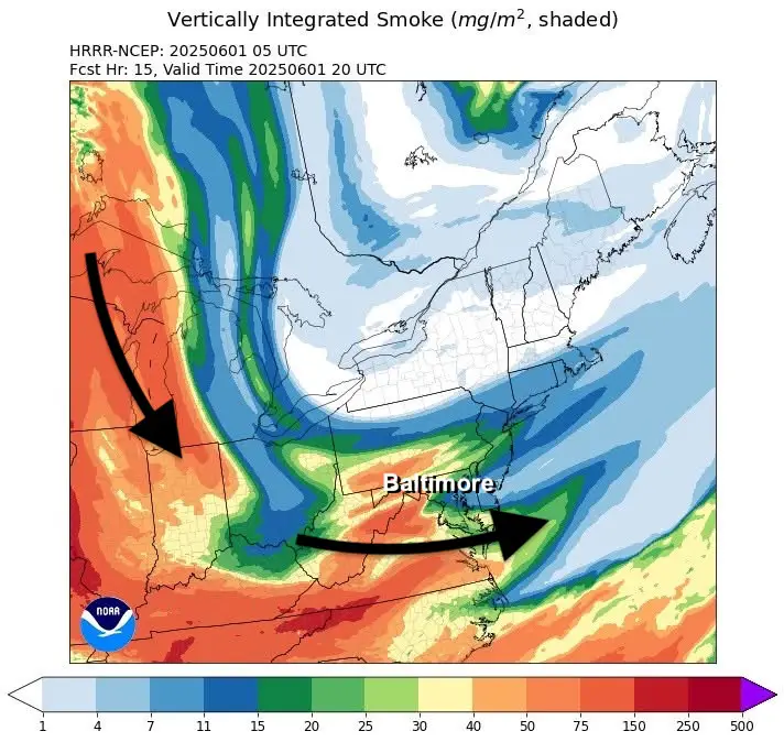 June 1 wildfire smoke forecast Sunday afternoon
