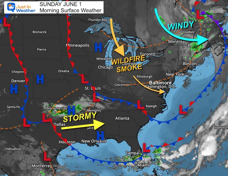 June 1 weather smoke storm map Sunday morning
