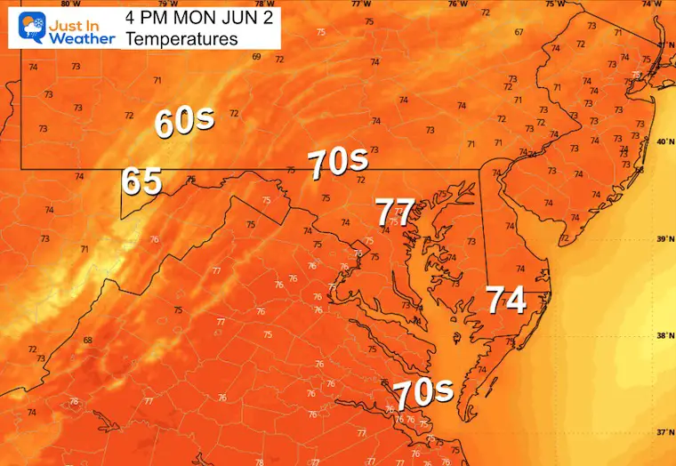 June 1 weather temperatures Monday afternoon