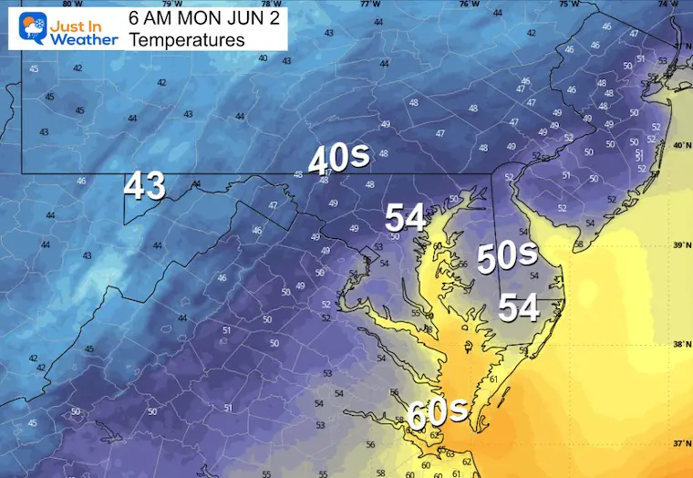 June 1 weather temperatures Monday morning
