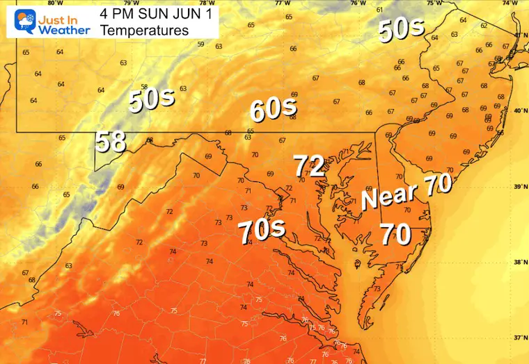 June 1 weather temperatures Sunday afternoon