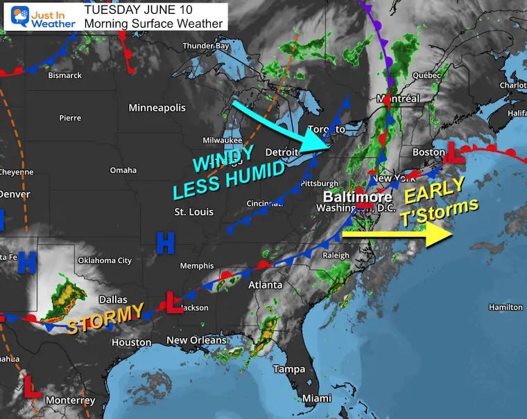 June 10 weather storm map Tuesday morning