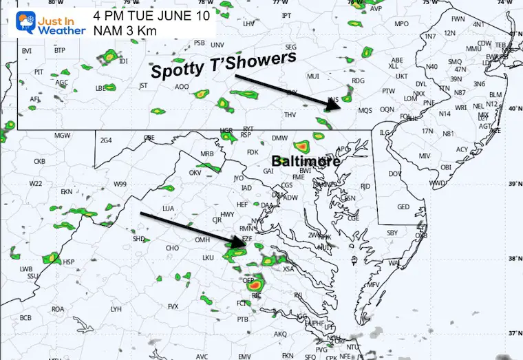June 10 weather storm radar Tuesday afternoon 4 PM