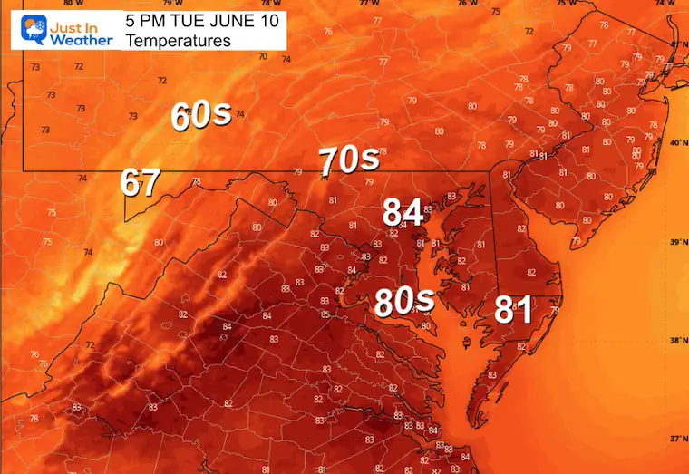 June 10 weather temperatures Tuesday afternoon