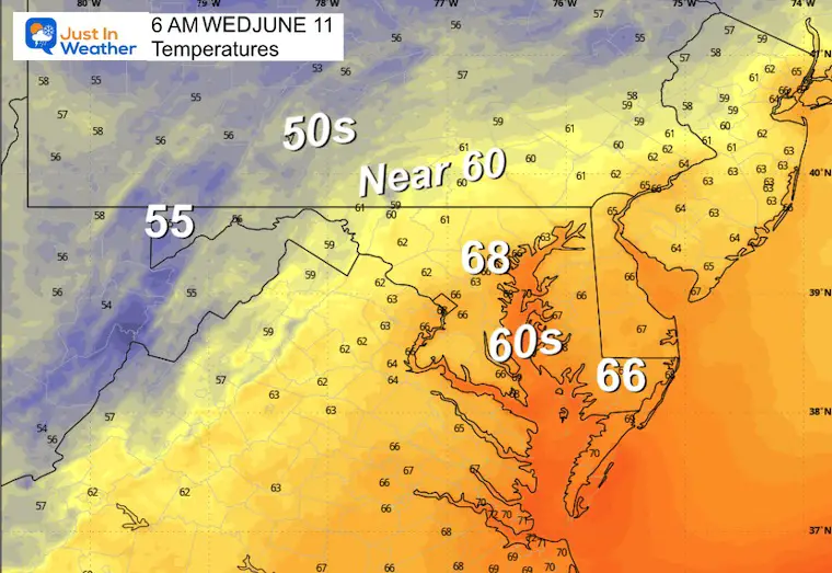 June 10 weather temperatures Wednesday morning