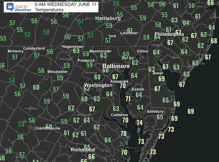 June 11 weather temperatures Wednesday morning