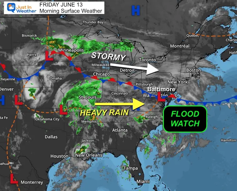 June 13 weather storm map Friday morning