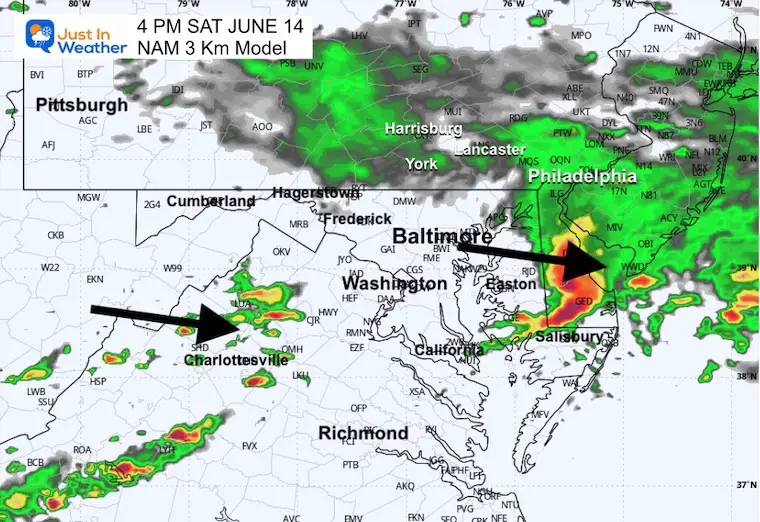 June 13 weather storm NAM radar forecast Saturday 4 PM
