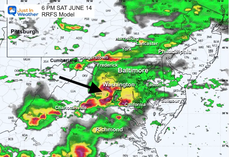 June 13 weather storm RRFS radar forecast Saturday 6 PM