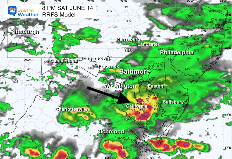 June 13 weather storm RRFS radar forecast Saturday 8 PM