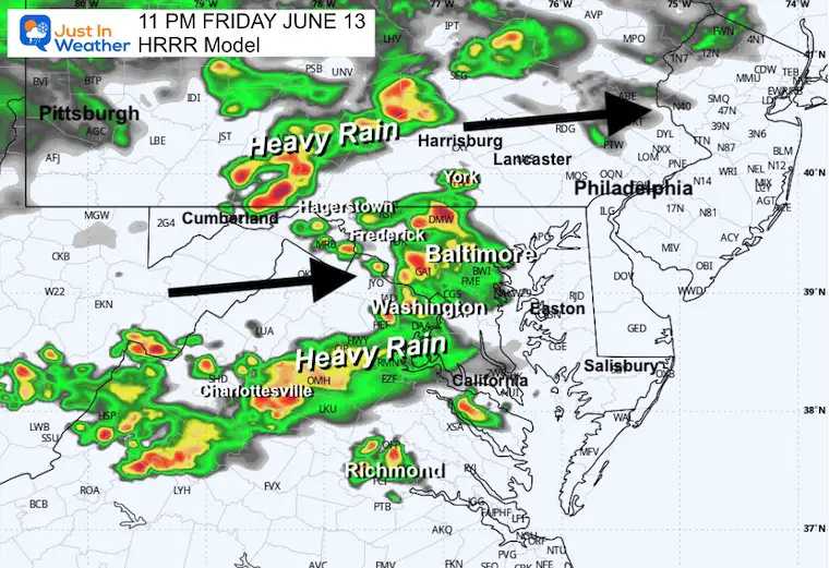 June 13 weather storm radar forecast Friday 11 PM