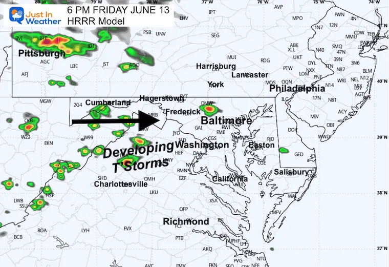 June 13 weather storm radar forecast Friday 6 PM