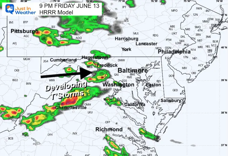 June 13 weather storm radar forecast Friday 9 PM