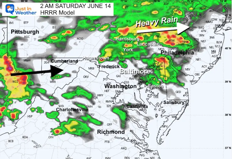 June 13 weather storm radar forecast Saturday 2 AM