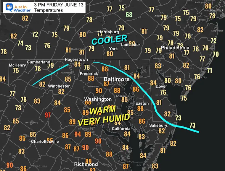 June 13 weather temperatures Friday afternoon