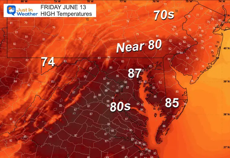 June 13 weather temperatures Friday afternoon