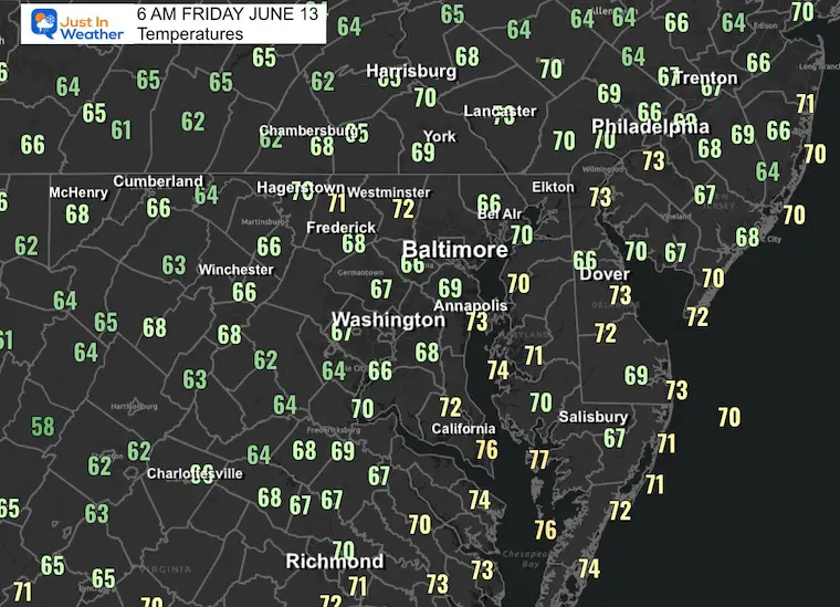 June 13 weather temperatures Friday morning