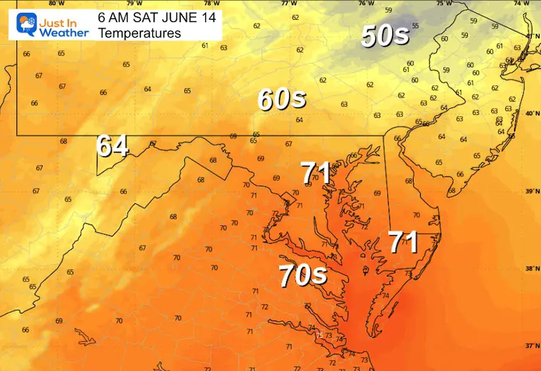 June 13 weather temperatures Saturday morning