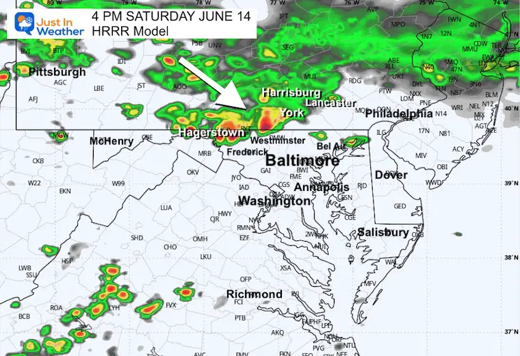 June 14 weather forecast storm rain radar Saturday 4 PM
