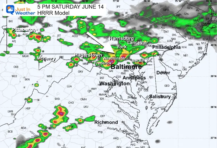 June 14 weather forecast storm rain radar Saturday 5 PM