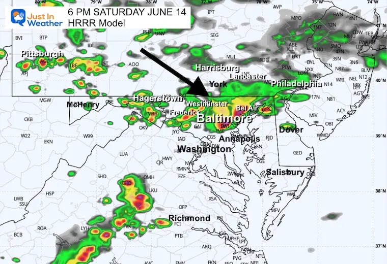 June 14 weather forecast storm rain radar Saturday 6 PM