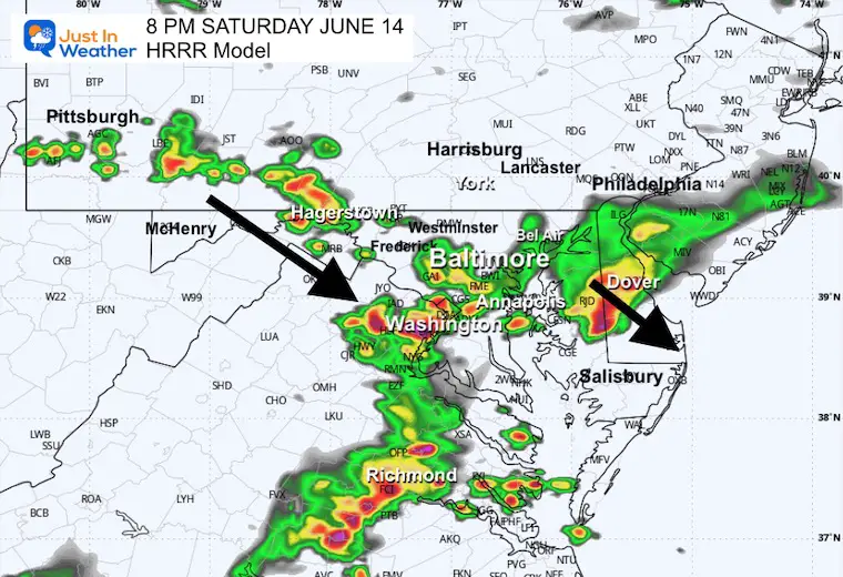 June 14 weather forecast storm rain radar Saturday 8 PM