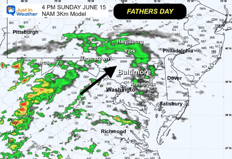 June 14 weather forecast radar Sunday Fathers Day afternoon
