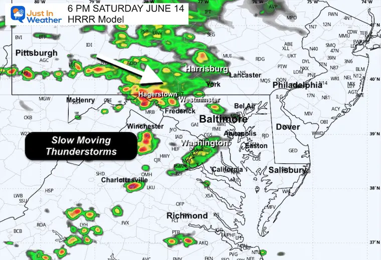 June 14 weather storm forecast radar Saturday 6 PM