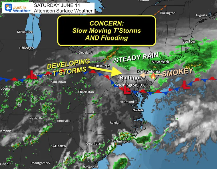 June 14 weather storm and smoke map Saturday afternoon