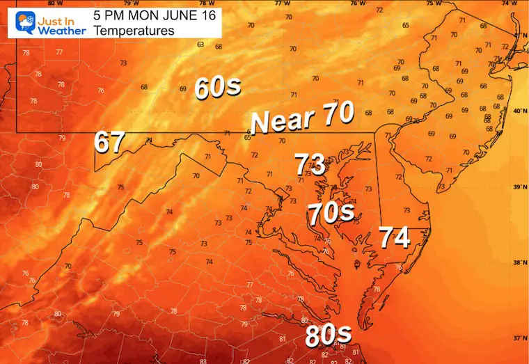 June 15 weather temperatures Monday afternoon