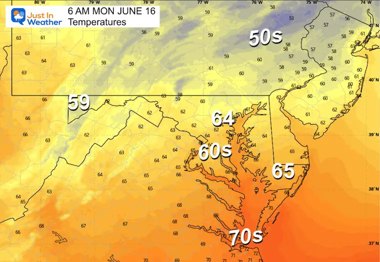 June 15 weather temperatures Monday morning