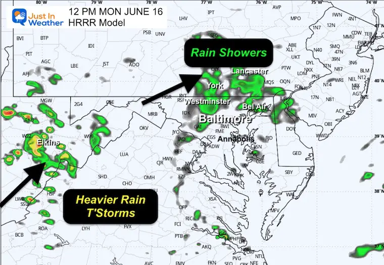 June 16 weather rain forecast radar Monday noon