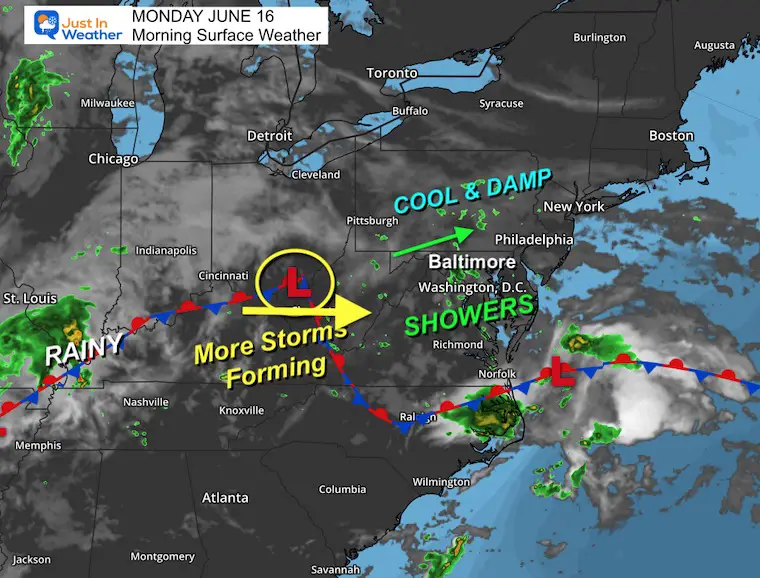 June 16 weather storm rain map Monday morning