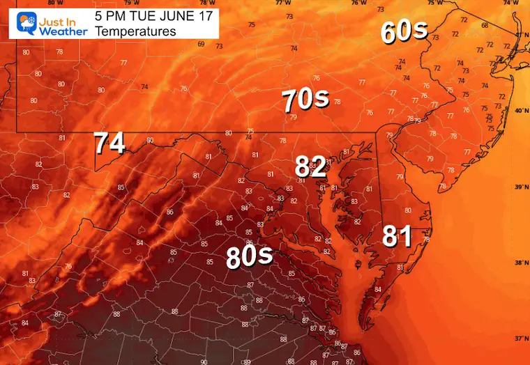 June 16 weather temperatures Tuesday afternoon