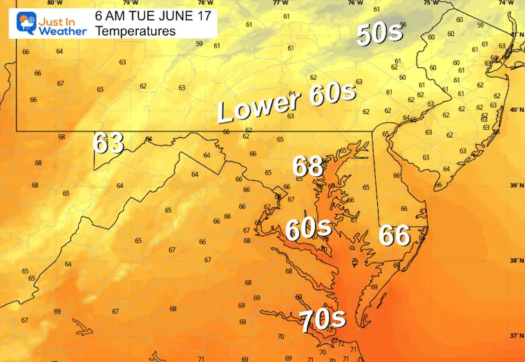 June 16 weather temperatures Tuesday morning