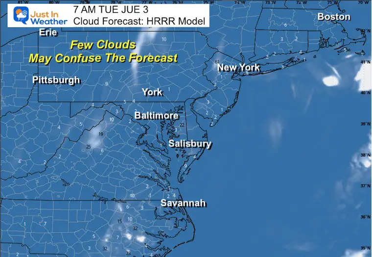 June 2 weather cloud forecast tonight Tuesday morning close