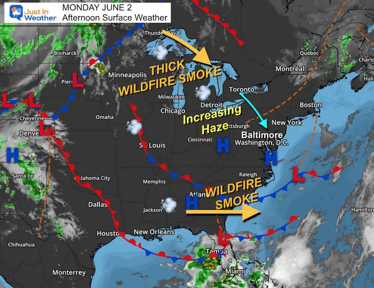 June 2 weather smoke map Monday afternoon
