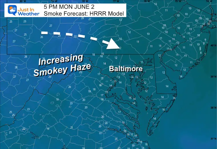 June 2 weather smoke forecast Monday afternoon Maryland Pennsylvania Virginia