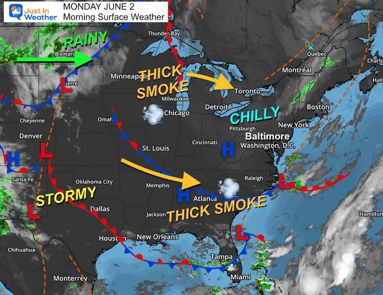 June 2 weather smoke storm map Monday morning