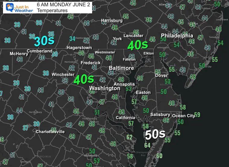 June 2 weather temperatures Monday morning