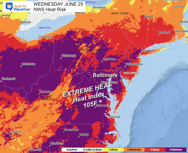 June 20 weather forecast NWS Heat Risk Tuesday